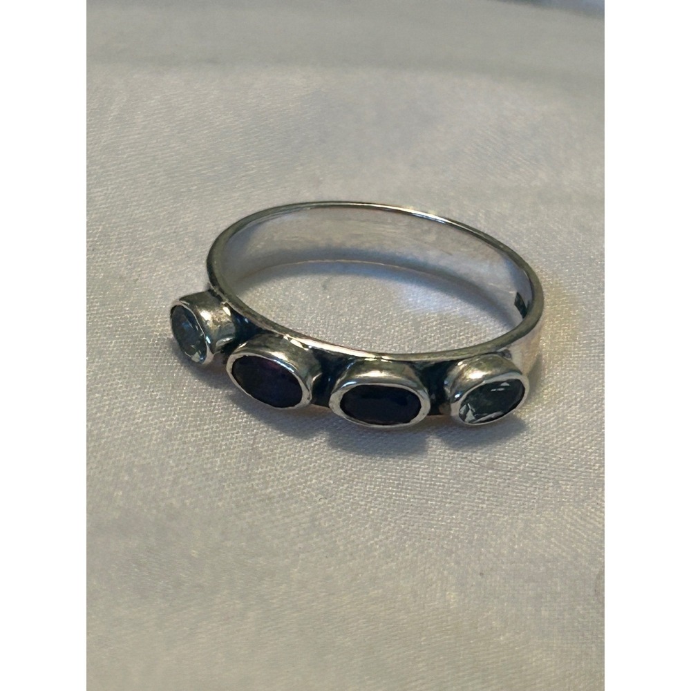 925 Sterling Silver Amethyst Aquamarine Four Stone Oval Bezel Band Ring India